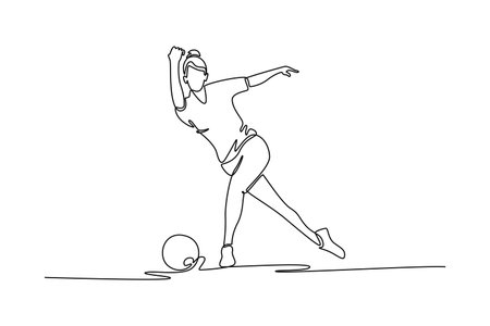 Continuous one line drawing professional female bowler in follow-through pose. Symbolizing the fluid motion, athletic grace, and poise of a player. Single line draw design vector graphic illustrationのイラスト素材