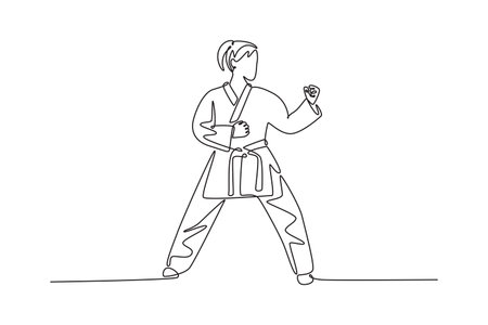 Continuous one line drawing attractive woman in a powerful karate or fighting stance. Focusing on the strength posture and readiness of the athlete. Single line draw design vector graphic illustrationのイラスト素材