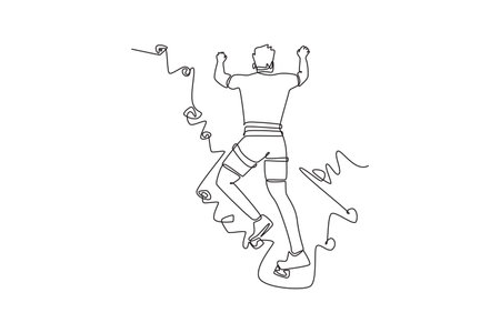 Single one line drawing back view of man climbing a cliff, representing physical power and focused effort required to conquer rock wall. Modern continuous line draw design graphic vector illustrationのイラスト素材