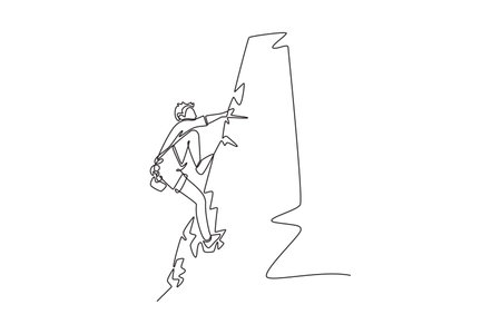Single one line drawing male climber in a challenging pose, representing the focused concentration and courage required to conquer a rock wall. Continuous line draw design graphic vector illustrationのイラスト素材