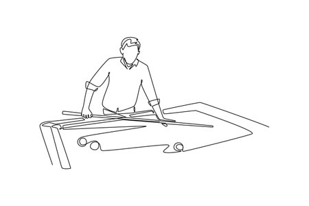 Continuous one line drawing young man leaning over a billiards table, holding a cue stick, ready for...