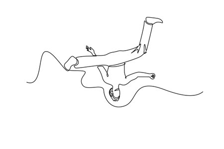 Single one line drawing man executing powerful ground-based Capoeira move, with their body inverted and one leg raised, acrobatic martial arts. Continuous line draw design graphic vector illustrationのイラスト素材