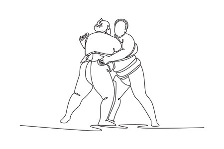 Continuous one line drawing two Sumo wrestlers locked in standing embrace, gripping each other's belts in fierce struggle for control and leverage. Single line draw design vector graphic illustrationのイラスト素材
