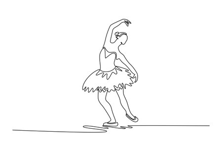 Single continuous line drawing beauty ballerina mid-turn, with her arms and body arched in a graceful, flowing motion, fluid transition of dance step. One line draw graphic design vector illustrationのイラスト素材
