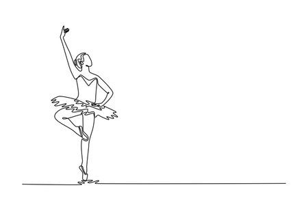 Single one line drawing ballerina balancing perfectly en pointe with one leg raised and arm extended skyward, core strength and vertical grace. Continuous line draw design graphic vector illustrationのイラスト素材