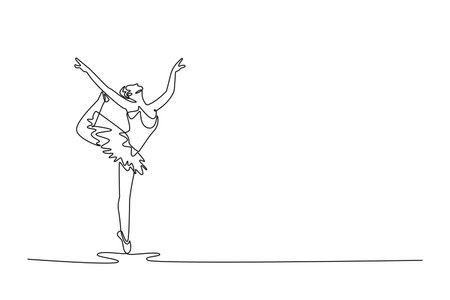 Single continuous line drawing ballerina balancing en pointe while holding her leg high over her head, extreme flexibility and technical skill of art. One line draw graphic design vector illustrationのイラスト素材