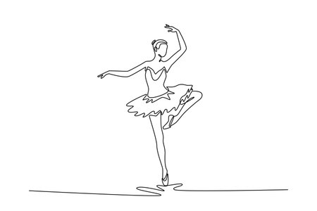 Continuous one line drawing ballerina balancing perfectly pointe with one leg raised, her arms gracefully extended, vertical elegance and control. Single line draw design vector graphic illustrationのイラスト素材