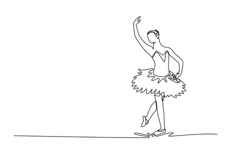 Continuous one line drawing ballerina balancing en pointe or demi-pointe with one leg raised and arm extended skyward, vertical elegance, control. Single line draw design vector graphic illustrationのイラスト素材