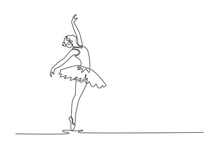 Single one line drawing ballerina balancing en pointe with her body arched back, her leg extended behind her in graceful arabesque pose. Modern continuous line draw design graphic vector illustrationのイラスト素材