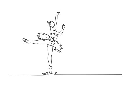 Continuous one line drawing ballerina balancing on one foot en pointe with her leg extended behind her and arms raised, a graceful arabesque pose. Single line draw design vector graphic illustrationのイラスト素材
