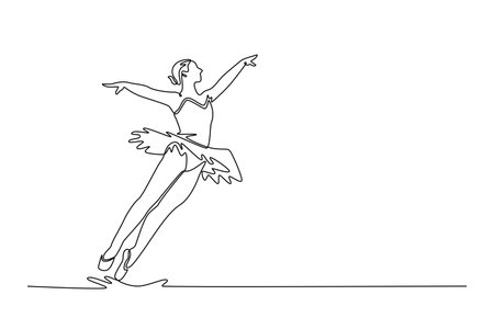 Single one line drawing ballerina in dynamic, forward-moving leap, with her arms and legs extended, fluidity, lightness of her movement. Modern continuous line draw design graphic vector illustrationのイラスト素材