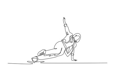 Continuous one line drawing young girl mid-floorwork, balancing on one hand and side their leg, with other arm raised, power move in breakdancing. Single line draw design vector graphic illustrationのイラスト素材