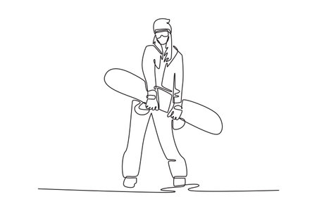 Single continuous line drawing young girl wearing beanie and goggles is standing with snowboard held across the body. Casual style of the winter sport. One line draw graphic design vector illustrationのイラスト素材