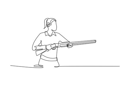 Continuous one line drawing beautiful woman, a shooting athlete, is holding a shotgun in a poised, ready stance, focused and waiting for the target. Single line draw design vectorのイラスト素材