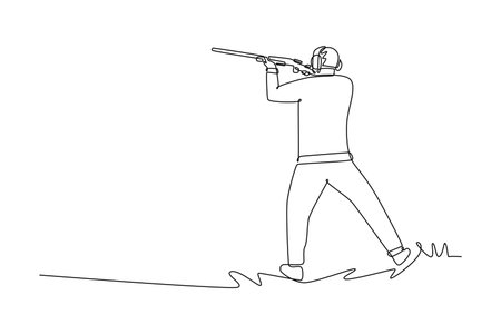 Single one line drawing man shooting athlete is aiming shotgun, rear-facing stance, wearing ear protection, concentration and precision. Modern continuous line draw design graphicのイラスト素材