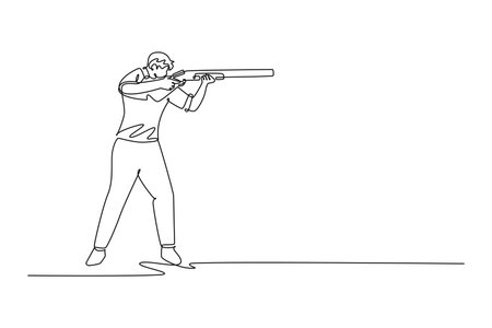 Single one line drawing side view man shooting athlete is aiming a shotgun with intense concentration in stable, forward-facing stance. Modern continuous line draw design graphic vのイラスト素材