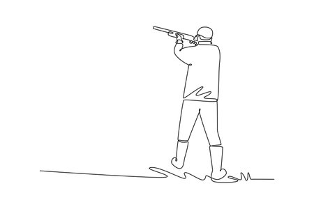 Single one line drawing man shooting athlete is aiming shotgun from steady, rear-facing stance, illustrating concentration and precision. Modern continuous line draw design graphicのイラスト素材