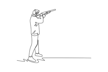 Single one line drawing back view of male shooting athlete aiming shotgun with intense focus and steady stance, wearing ear protection. Modern continuous line draw design graphic vのイラスト素材