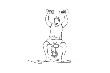 Single one line drawing young man is performing dumbbell shoulder press on weight bench, illustrating strength, focus, and dynamic gym workout. Continuous line draw design graphic vector illustrationのイラスト素材
