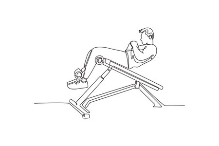Continuous one line drawing young active man is performing sit-up or crunch on abdominal decline bench, focused core strength and intense training. Single line draw design vector graphic illustrationのイラスト素材
