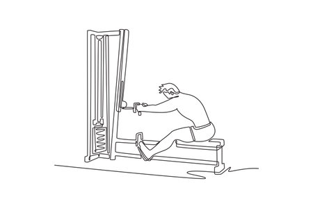 Single continuous line drawing young man is performing seated cable row exercise on gym machine. Focused back strength and disciplined fitness workout. One line draw graphic design vector illustrationのイラスト素材