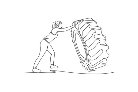 Single continuous line drawing strong woman is intensely flipping large tire during functional training workout, raw strength, power, dynamic fitness. One line draw graphic design vector illustrationのイラスト素材