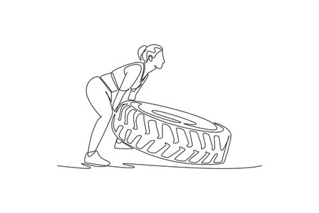 Single continuous line drawing woman is intensely squatting low to lift a heavy tire from the ground, illustrating functional training and raw power. One line draw graphic design vector illustrationのイラスト素材