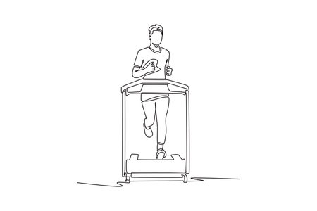 Single continuous line drawing young man is running on treadmill with steady pace, focused effort, cardiovascular endurance, dynamic fitness workout. One line draw graphic design vector illustrationのイラスト素材