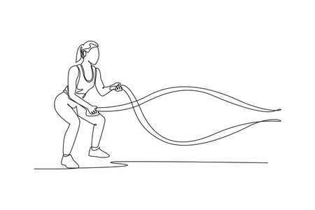 Continuous one line drawing woman intensely performing battle rope slams in low squat stance, explosive power and demanding cardio fitness workout. Single line draw design vector graphic illustrationのイラスト素材