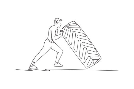 Single continuous line drawing young man is intensely flipping large tire during functional training workout, raw strength, power, and fitness routine. One line draw graphic design vector illustrationのイラスト素材