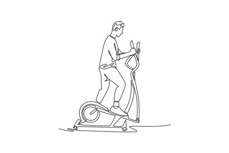 Continuous one line drawing man is intensely working out on elliptical machine, illustrating cardio endurance and steady full-body fitness routine. Single line draw design vector graphic illustrationのイラスト素材