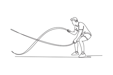 Continuous one line drawing man is intensely performing battle rope waves in low squat stance, explosive power and demanding cardio fitness workout. Single line draw design vector graphic illustrationのイラスト素材