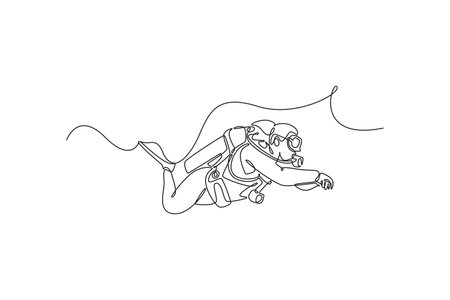 Single continuous line drawing scuba diver is floating underwater with a tank and fins, gliding in horizontal motion, fluid exploration and adventure. One line draw graphic design vector illustrationのイラスト素材