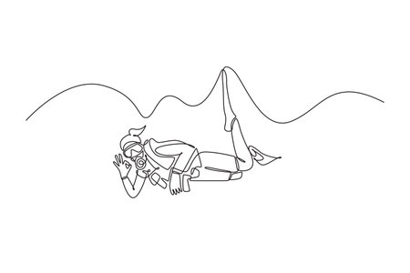Single continuous line drawing scuba diver is floating underwater near surface, giving OK sign while wearing full mask and tank, exploration, safety. One line draw graphic design vector illustrationのイラスト素材