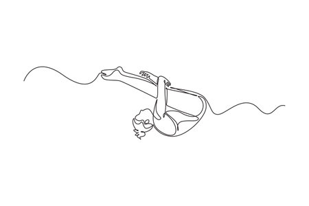 Single one line drawing woman diving athlete is tucking her body mid-flip over water surface, fluid and graceful motion of extreme sport. Modern continuous line draw design graphic vector illustrationのイラスト素材