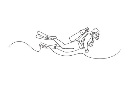 Continuous one line drawing scuba diver is floating underwater with tank and fins, gliding effortlessly in horizontal position, fluid exploration. Single line draw design vector graphic illustrationのイラスト素材