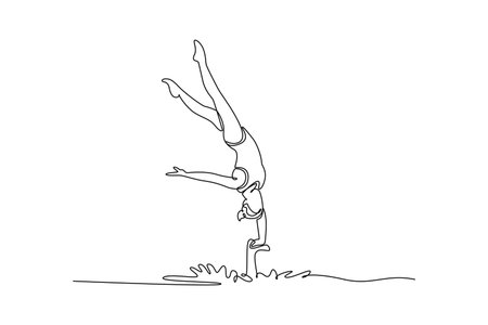 Continuous one line drawing woman is performing a vertical handstand in the water. The complex balance and graceful inversion of artistic swimming. Single line draw design vector graphic illustrationのイラスト素材