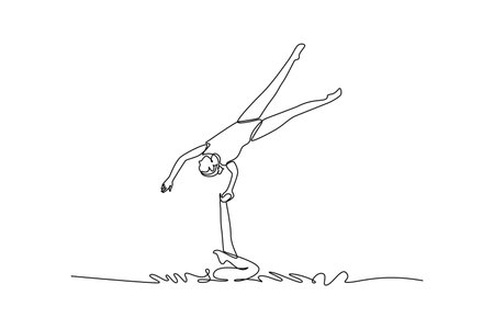 Single one line drawing two active women are performing synchronized vertical lift. Complex balance and fluid grace of artistic swimming. Modern continuous line draw design graphic vector illustrationのイラスト素材