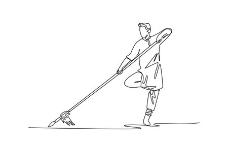 Single continuous line drawing man Wushu athlete balancing on one leg, holding spear in powerful vertical stance. Control and grace martial arts form. One line draw graphic design vector illustrationのイラスト素材