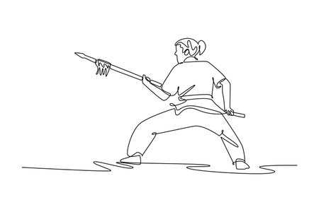 Single one line drawing woman Wushu athlete poised in low stance, holding spear in powerful guard. Discipline, strength, and focus form. Modern continuous line draw design graphic vector illustrationのイラスト素材