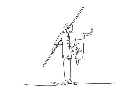 Continuous one line drawing woman Wushu athlete balancing on one leg, holding staff vertically. Precision, control, and grace of martial arts form. Single line draw design vector graphic illustrationのイラスト素材