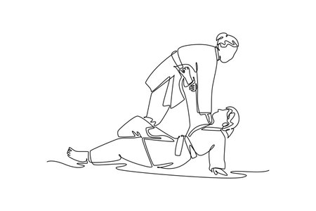 Single continuous line drawing two women are locked in close-quarters grapple on the ground with one applying leg control or choke hold over the other. One line draw graphic design vector illustrationのイラスト素材