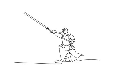 Single continuous line drawing man Kendo athlete poised in forward stance, striking or thrusting bamboo sword (shinai). Discipline and dynamic action. One line draw graphic design vector illustrationのイラスト素材