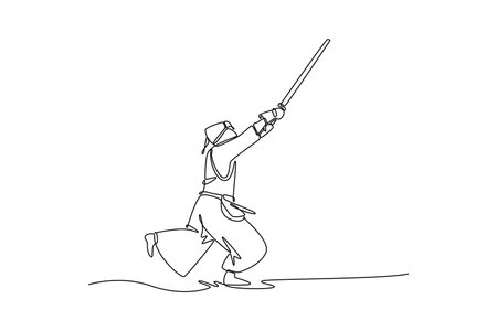 Continuous one line drawing man Kendo athlete in full bogu armor running and leaping forward with bamboo sword held high. Dynamic action of sports. Single line draw design vector graphic illustrationのイラスト素材