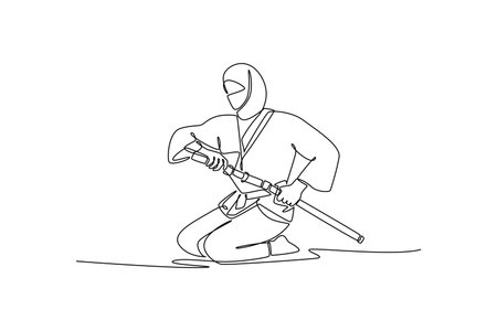 Continuous one line drawing attractive young man ninja kneeling on the ground, drawing sharp katana sword, illustrating stealth and focused action. Single line draw design vector graphic illustrationのイラスト素材