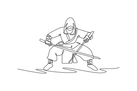 Single continuous line drawing man ninja poised in a deep horse stance, wielding twin katanas, illustrating dynamic combat and focused action. Dynamic one line draw graphic design vector illustrationのイラスト素材