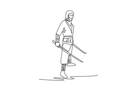 Single continuous line drawing man ninja standing straight on his leg, wielding twin katanas, illustrating dynamic combat and focused action. Dynamic one line draw graphic design vector illustrationのイラスト素材