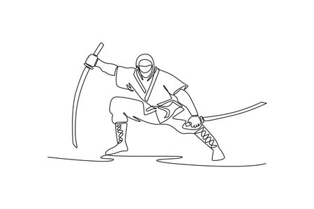 Single continuous line drawing man ninja poised low in wide stance wielding twin sharp katanas, illustrating dynamic combat and focused action. Dynamic one line draw graphic design vector illustrationのイラスト素材