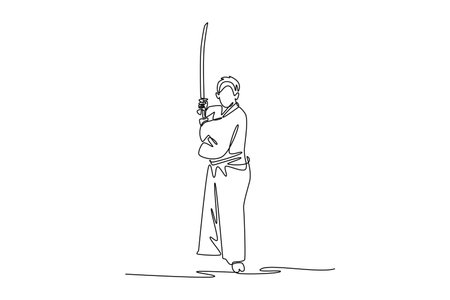 Single one line drawing powerful human samurai standing upright holding katana vertically in front of chest, suggesting moment of intense focus. Continuous line draw design graphic vector illustrationのイラスト素材