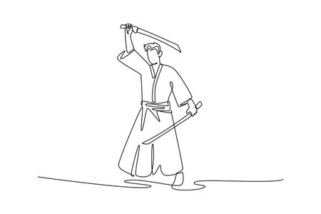 Continuous one line drawing samurai in robes wielding two swords in pose, with one katana raised high overhead, other held low for balance, attack. Single line draw design vector graphic illustrationのイラスト素材